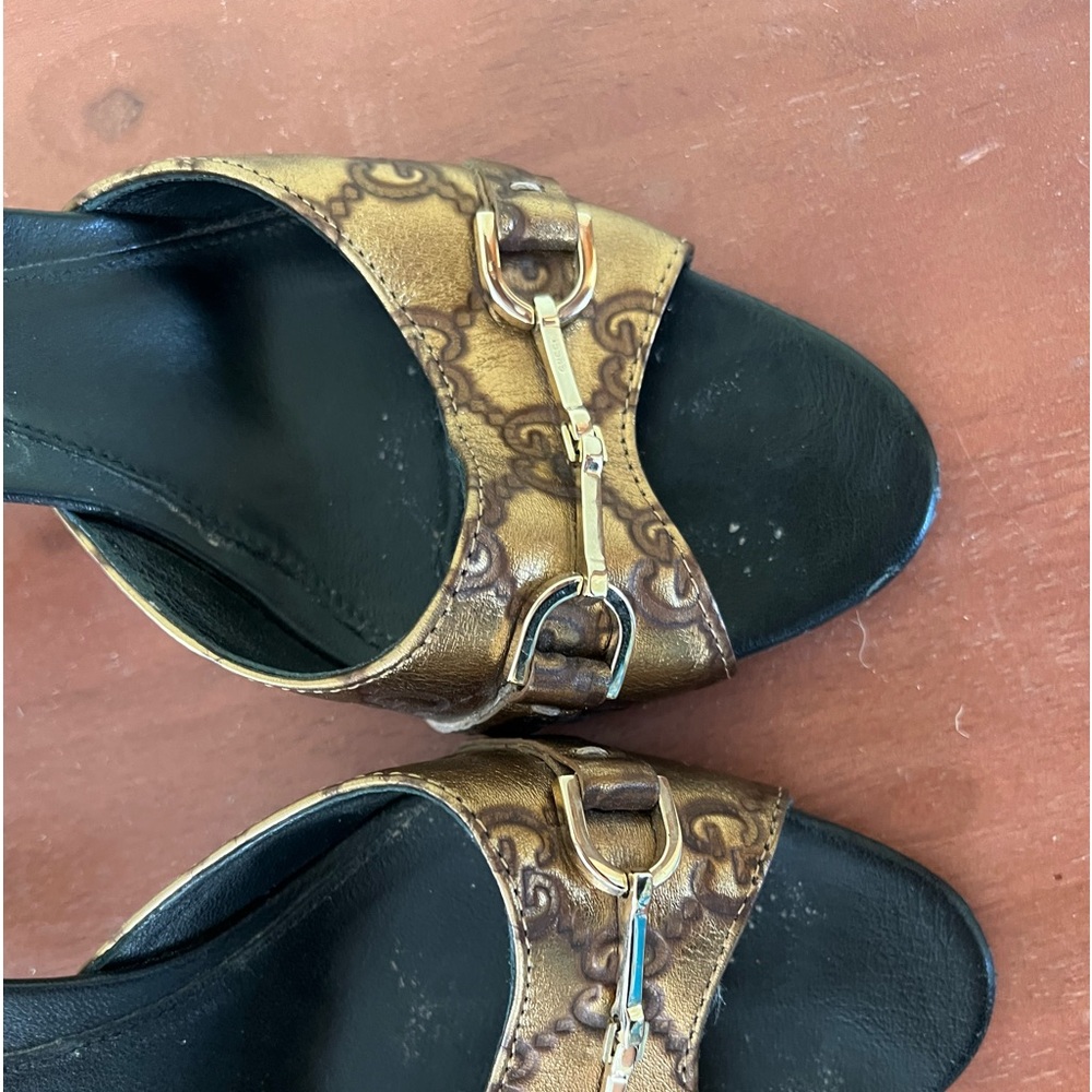 Gucci Guccissima GG Horsebit Peep Toe Mule Heels size37c golden brown